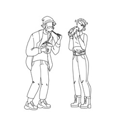 Street Food Eating Boy And Girl Couple Black Line Pencil Drawing Vector. Friends Enjoying Chinese Take Away Wok And Sandwich Shawarma Fast Food. Characters Man And Woman Eat Nutrition Illustration