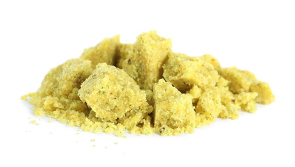 Aromatic crumbled bouillon cube on white background
