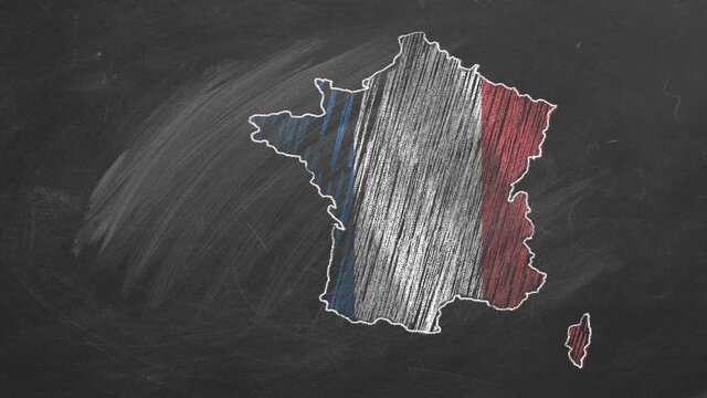 France. Chalk drawn and animated map with flag.