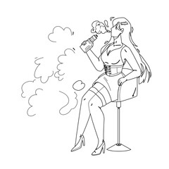 Vape Girl Smoking Electronic Cigarette Black Line Pencil Drawing Vector. Pretty Young Vape Girl Sitting On Chair And Smoke E-cigarette. Character Woman Hipster Vaping And Inhale Nicotine Illustration