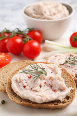 Sandwiches with delicious lard spread on board, closeup