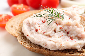 Sandwich with delicious lard spread on board, closeup