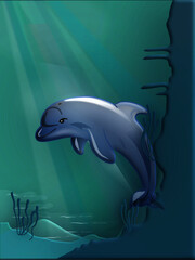 A vector image of Dolphin is swimming under clear blue water, while the sunlight from above ocean shining into the sea. Illustration art project.