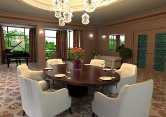 3D-picture fictional interior of an exquisite living room in light pink tones with an oval table, a piano