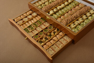 Arabic and Middle-eastern desserts. Ramadan and Eid's pastries (Maamoul and Baklava) decorated in a specials gift box.