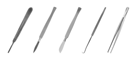 Set with different surgical instruments on white background. Banner design