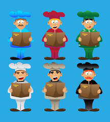 Fat male cartoon chef in uniform reading a book, holding a menu. Vector illustration.