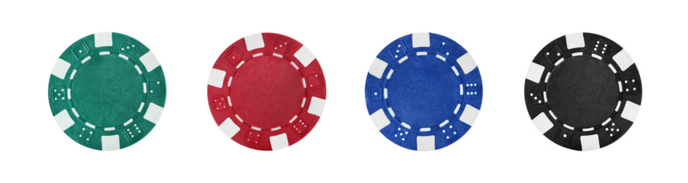 Set with different casino chips on white background, top view. Banner design