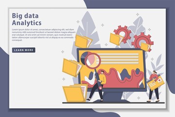 Fototapeta na wymiar Vector illustration Big data analytics concept landing page. Volume, Value, cloud computing, and Virality. Market research, product testing, data analysis. Flat Line style design