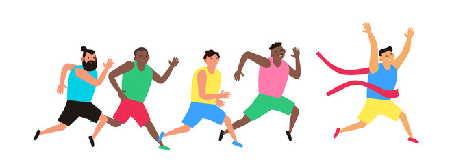 asian man runner crossing finish line men athletic run  sprint race competition vector illustration