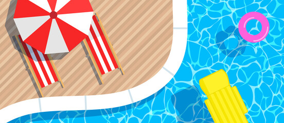 swimming pool inflatable  mattress and ring umbrella  loungers top view .summer vacation horizontal banner  vector illustration