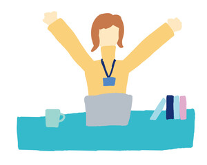 リモートワークをしている女性がパソコンの前で背伸びしているイラスト