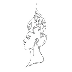 Continuous line vector drawing of burning head. Minimalist illustration. Conceptual illustration about emotional state. Stressful person. One Line concept.