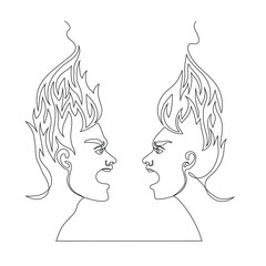 Continuous line vector drawing of man and woman screaming at each other. Minimalist illustration of relationships. A quarrel between a couple. One Line concept. Head is on fire.