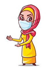 Beautiful young muslim woman with hijab wearing medical face mask to prevent against virus pointing something on white background