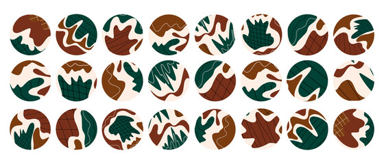 Abstract backgrounds. Big set of various highlight covers. Round icons for social media stories. Various shapes, lines, spots, dots, doodle objects. Hand drawn templates. Perfect for bloggers.