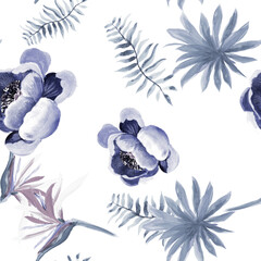 Fototapeta na wymiar Indigo Tropical Background. Blue Seamless Palm. Cobalt Pattern Leaves. White Drawing Background. Gray Floral Design. Navy Decoration Foliage. Decoration Illustration.