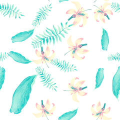 White Pattern Exotic. Gray Tropical Foliage. Pink Seamless Vintage. Blue Decoration Leaf. Navy Spring Design. Yellow Flower Nature. Wallpaper Textile.