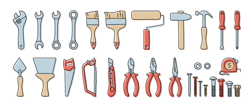 Construction tools vector set. Color doodle sketch. Adjustable wrench, brush, roller, hammer and nails. Screw, nut and bolt. Tape measure, screwdriver, putty knife, saw, pliers and wire cutters