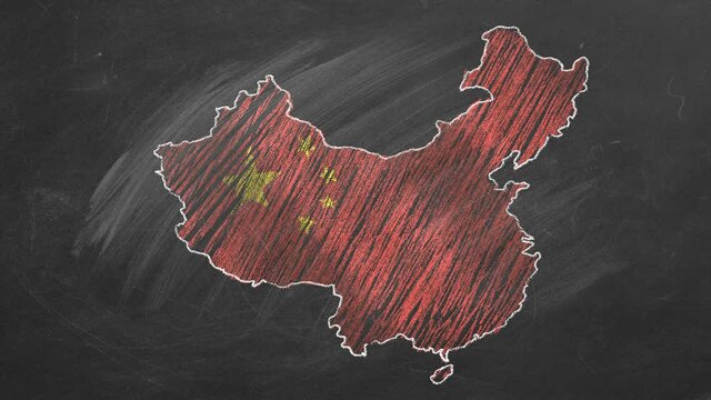 China. Chalk drawn and animated map with flag.