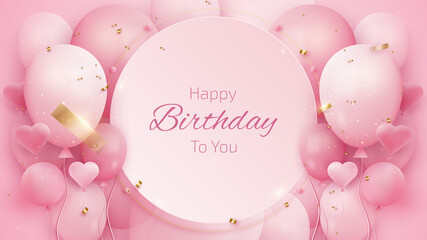 Birthday card background with balloons and gold ribbon. 3d luxury realistic style on pink background. Vector illustration creative for design.