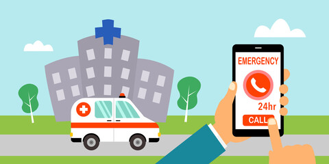 Man calling emergency call for ambulance from hospital. Patient urgent need help or first aid assistance.