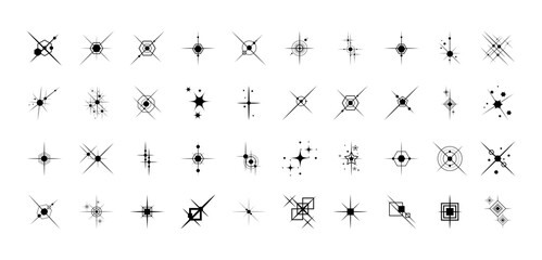 Set of black stars sparkle icons. Collection of various shape twinkling effect symbols on white background. Magic particle vivid for decorative for festive. Fantasy elements. Vector illustration.