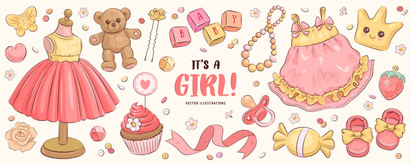 Hand drawn baby girl shower set. Vector illustration of cute dress, shoes, teddy bear, beads and flowers