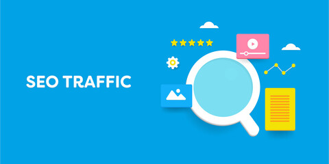 3d style SEO traffic concept. Web banner template, search marketing and SEO optimization.