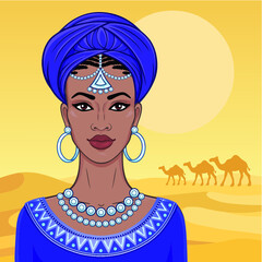African beauty. Animation portrait of the young black woman in a turban. Background -  landscape the desert, caravan of camels. Vector color illustration.