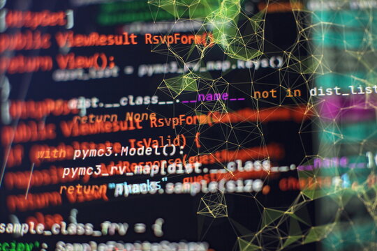Desktop PC monitor photo. Javascript functions, variables, objects. Project managers work new idea. Future technology creation process.