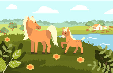 Obraz na płótnie Canvas A horse with a foal on the background of a rural landscape in a flat style. Vector illustration