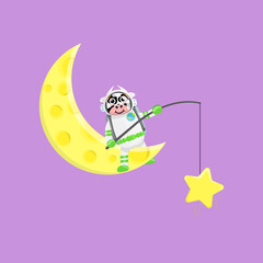 Illustration vector graphic cartoon of cute cow astronaut fishing a star. Childish cartoon design suitable for product design of children's books, t-shirt etc