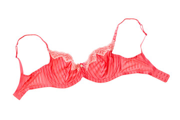 Beautiful red women's bra isolated on a white background. - obrazy, fototapety, plakaty