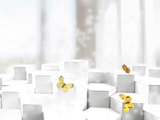 Peaceful ambiance with yellow butterflies in a white abstract background