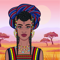 Animation portrait of the beautiful African woman  in a turban. Savanna princess, Amazon, nomad. Background - a landscape the desert.  Vector illustration.