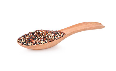 Mixed raw quinoa in wood spoon isolated on white background