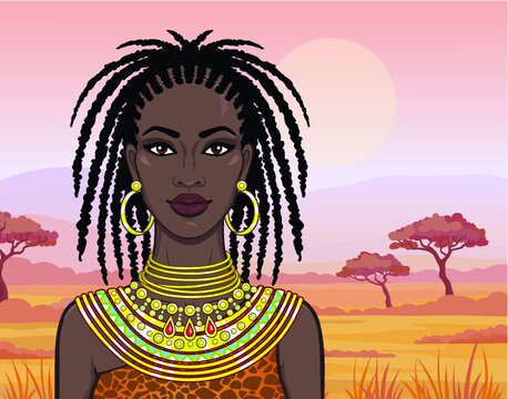 Animation portrait of the beautiful African girl in ancient clothes. Savanna princess. Background - a desert landscape. Vector illustration.