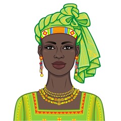 Animation portrait of the beautiful African woman in ancient clothes and turban. Color drawing. Vector illustration isolated on a white background. Print, poster, t-shirt, card.