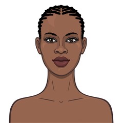 Animation portrait of the young beautiful African girl. Color drawing. Template for use. Vector illustration isolated on a white background.