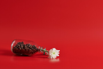 white flower in a bottle with coffee lies on a red background