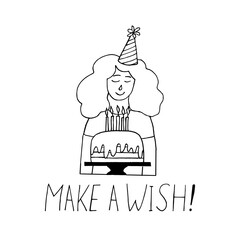 young woman in a party hat with a cake with burning candles and lettering make a wish. greeting card template. birthday. vector hand drawn icon. template for card. monochrome. minimalism.