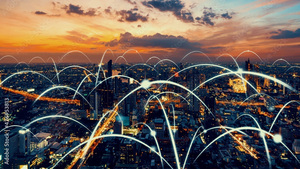 Aufkleber smart digital city with globalization abstract graphic showing connection network . concept of futur