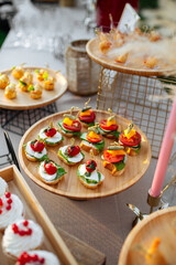 Variety of festive banquet bruschettas for the catering 