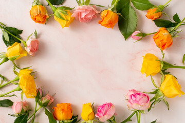 spring flowers frame. pink, orenge, yellow roses