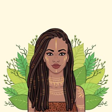 Animation portrait of the beautiful black woman, wreath of tropical leaves. Amazon, warrior, princess. Color drawing. Vector illustration isolated on a beige background. Print, poster, t-shirt, card.