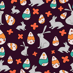 seamless easter pattern with hares, flowers and colorful eggs