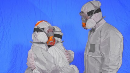 Family shield protect, to save life from virus. People portrait, wearing protect medical aerosol spray paint mask respirator. Coronavirus epidemic.