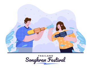 Person Celebrate Thailand Songkran festival with splashing water on each other with water gun. Thailand Water Festival Tradition. Songkran Festival Cartoon Illustration. Suitable For banner,poster etc
