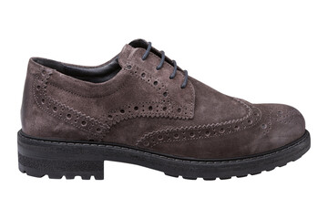 brown fashionable men's suede shoe with patterns, located horizontally, on a white background